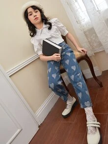 SHEIN 女孩愛心圖案闊腿牛仔褲 - 中等水洗藍 - 查看 3