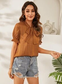 Áo sơ mi nữ Xù Thắt nơ trước màu trơn Thanh lịch - gừng - Xem 5