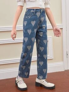 SHEIN 女孩愛心圖案闊腿牛仔褲 - 中等水洗藍 - 查看 4