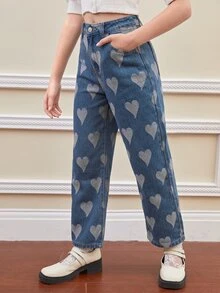 SHEIN 女孩愛心圖案闊腿牛仔褲 - 中等水洗藍 - 查看 5
