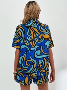 Single Breasted Graphic Print Blouse And Shorts Set - Multicolor - View 2