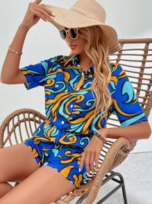 Single Breasted Graphic Print Blouse And Shorts Set - Multicolor - View 5