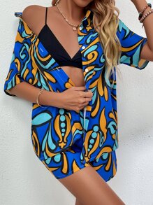 Single Breasted Graphic Print Blouse And Shorts Set - Multicolor - View 3