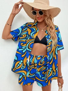 Single Breasted Graphic Print Blouse And Shorts Set - Multicolor - View 1