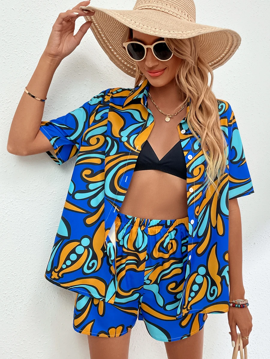 Single Breasted Graphic Print Blouse And Shorts Set - Multicolor - View 1