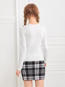 SHEIN Teen Girls Crew Neck Tee & Plaid Skirt Set - Black and White - View 2
