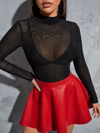 SHEIN Privé Black Mock Neck Mesh Top Without Bra,Ladies Sexy Sheer Regular Sleeve Stand Collar Slim Fit Black Plain Women Tops,Spring/Fall,Casual Daily Wear