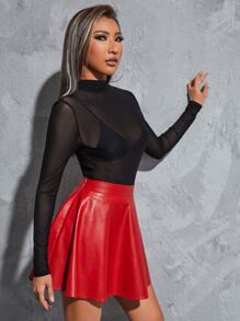 SHEIN Privé Black Mock Neck Mesh Top Without Bra,Ladies Sexy Sheer Regular Sleeve Stand Collar Slim Fit Black Plain Women Tops,Spring/Fall,Casual Daily Wear