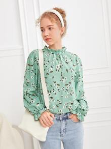 SHEIN 青少年女孩印花燈籠袖後鎖孔襯衫 - 薄荷綠 - 查看 3