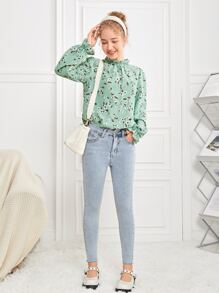 SHEIN 青少年女孩印花燈籠袖後鎖孔襯衫 - 薄荷綠 - 查看 4