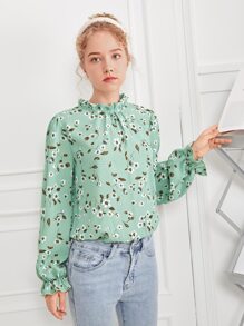SHEIN 青少年女孩印花燈籠袖後鎖孔襯衫 - 薄荷綠 - 查看 5