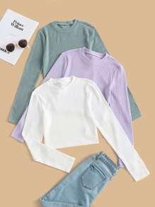 SHEIN Teen Girls 3pcs Solid Ribbed Knit Tee - Multicolor - View 1