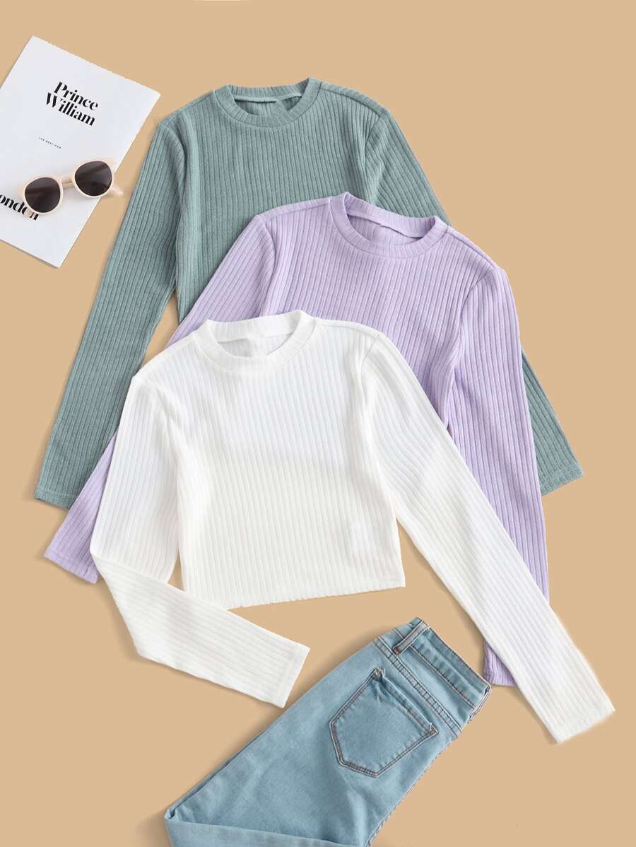 SHEIN Teen Girls 3pcs Solid Ribbed Knit Tee - Multicolor - View 1