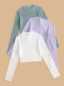 SHEIN Teen Girls 3pcs Solid Ribbed Knit Tee - Multicolor - View 2