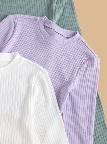 SHEIN Teen Girls 3pcs Solid Ribbed Knit Tee - Multicolor - View 3