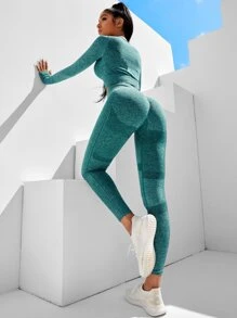 Yoga Basic 無縫褶邊頂針拇指孔運動套裝 - 綠色 - 查看 1