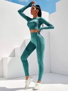 Yoga Basic 無縫褶邊頂針拇指孔運動套裝 - 綠色 - 查看 2