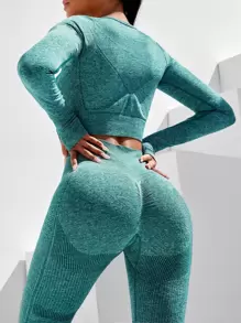 Yoga Basic 無縫褶邊頂針拇指孔運動套裝 - 綠色 - 查看 5