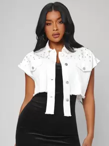 SHEIN SXY 水鑽珍珠串珠不對稱下擺牛仔夾克 - 白色 - 查看 1