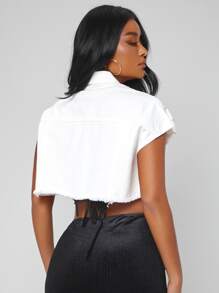 SHEIN SXY 水鑽珍珠串珠不對稱下擺牛仔夾克 - 白色 - 查看 2