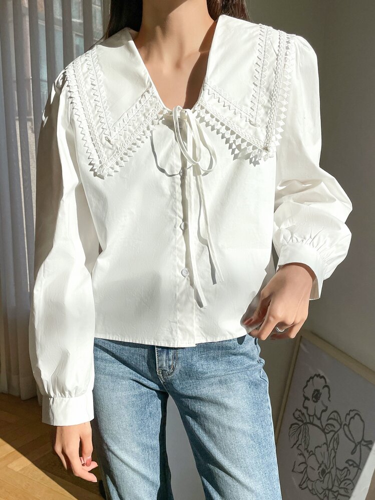 DAZY 个性领结前开襟衬衫、长袖上衣、秋装 - 白色 - 查看 3