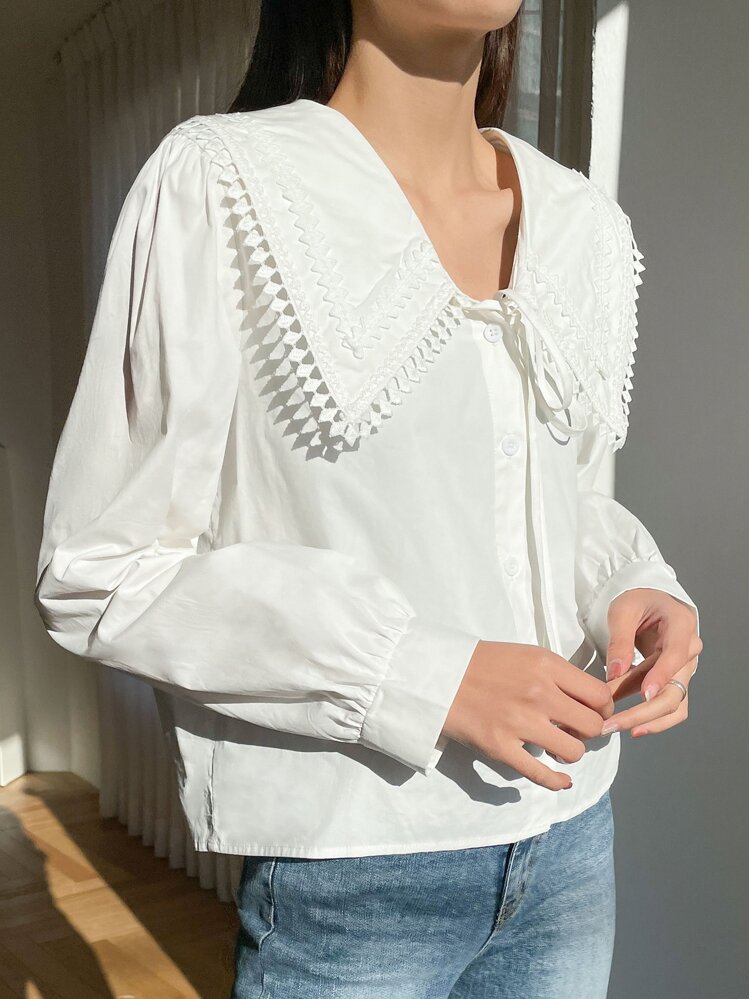 DAZY 个性领结前开襟衬衫、长袖上衣、秋装 - 白色 - 查看 6