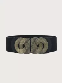 件女式復古仿舊合金扣寬腰帶裝飾洋裝彈性束帶，適合外套、羽絨服 - 黑色 - 查看 1