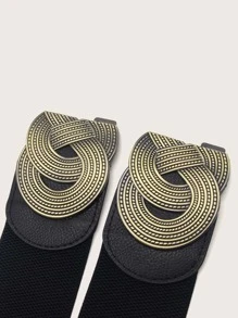 件女式復古仿舊合金扣寬腰帶裝飾洋裝彈性束帶，適合外套、羽絨服 - 黑色 - 查看 2