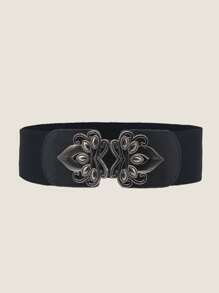 Metal Floral Pattern Belt - Black - View 1