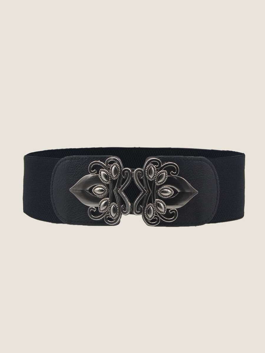 Metal Floral Pattern Belt - Black - View 1