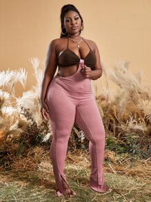 Slaydiva Jumpsuits Plus Size Lộ Lưng Cắt ra Chia Buộc lại Khối Màu Gợi cảm - Màu Hồng baby - Xem 1