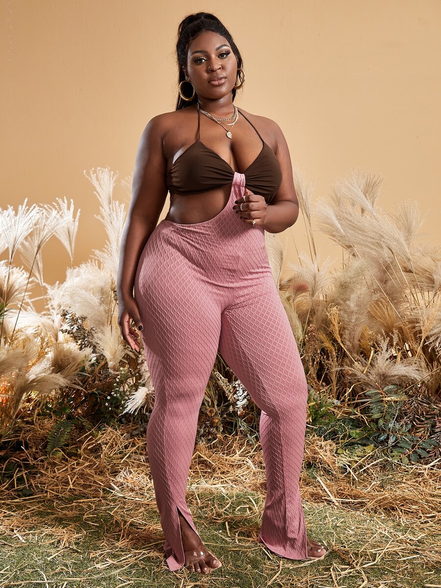 Slaydiva Jumpsuits Plus Size Lộ Lưng Cắt ra Chia Buộc lại Khối Màu Gợi cảm - Màu Hồng baby - Xem 1