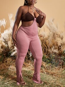 Slaydiva Jumpsuits Plus Size Lộ Lưng Cắt ra Chia Buộc lại Khối Màu Gợi cảm - Màu Hồng baby - Xem 4