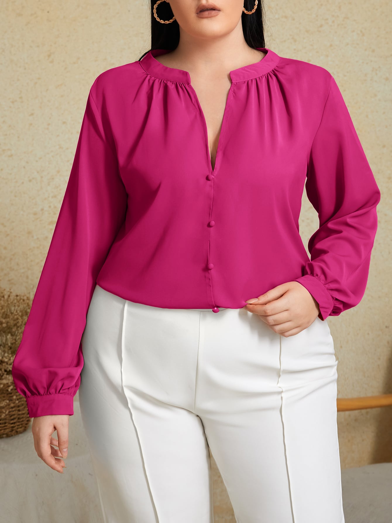 SHEIN Plus Solid Notched Blouse | SHEIN