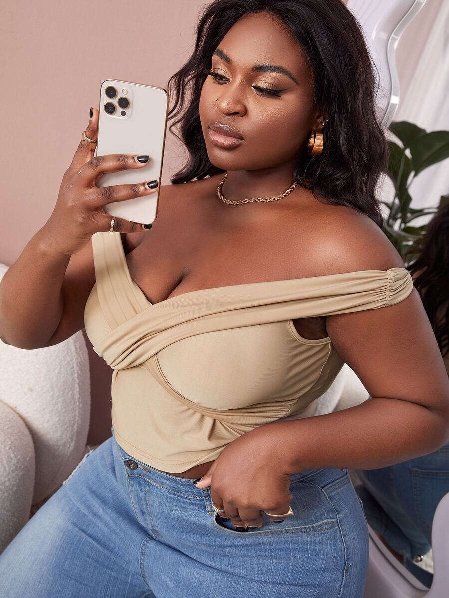 SHEIN SXY áo nữ kích thước lớn Lộ Lưng Trọn gói màu trơn Gợi cảm - Màu nâu  Mocha - Xem 1