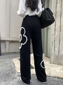 Floral Pattern Wide Leg Joggers - Black - View 2