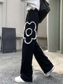 Floral Pattern Wide Leg Joggers - Black - View 3