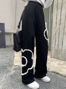 Floral Pattern Wide Leg Joggers - Black - View 4