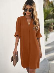 SHEIN LUNE Notched Neck Flounce Sleeve Tunic Dress - Brown - View 1