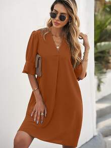 SHEIN LUNE Notched Neck Flounce Sleeve Tunic Dress - Brown - View 5