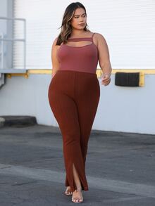 SHEIN 大碼下擺開叉喇叭褲 - 鏽棕色 - 查看 3