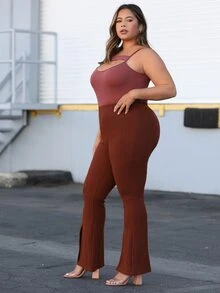 SHEIN 大碼下擺開叉喇叭褲 - 鏽棕色 - 查看 4