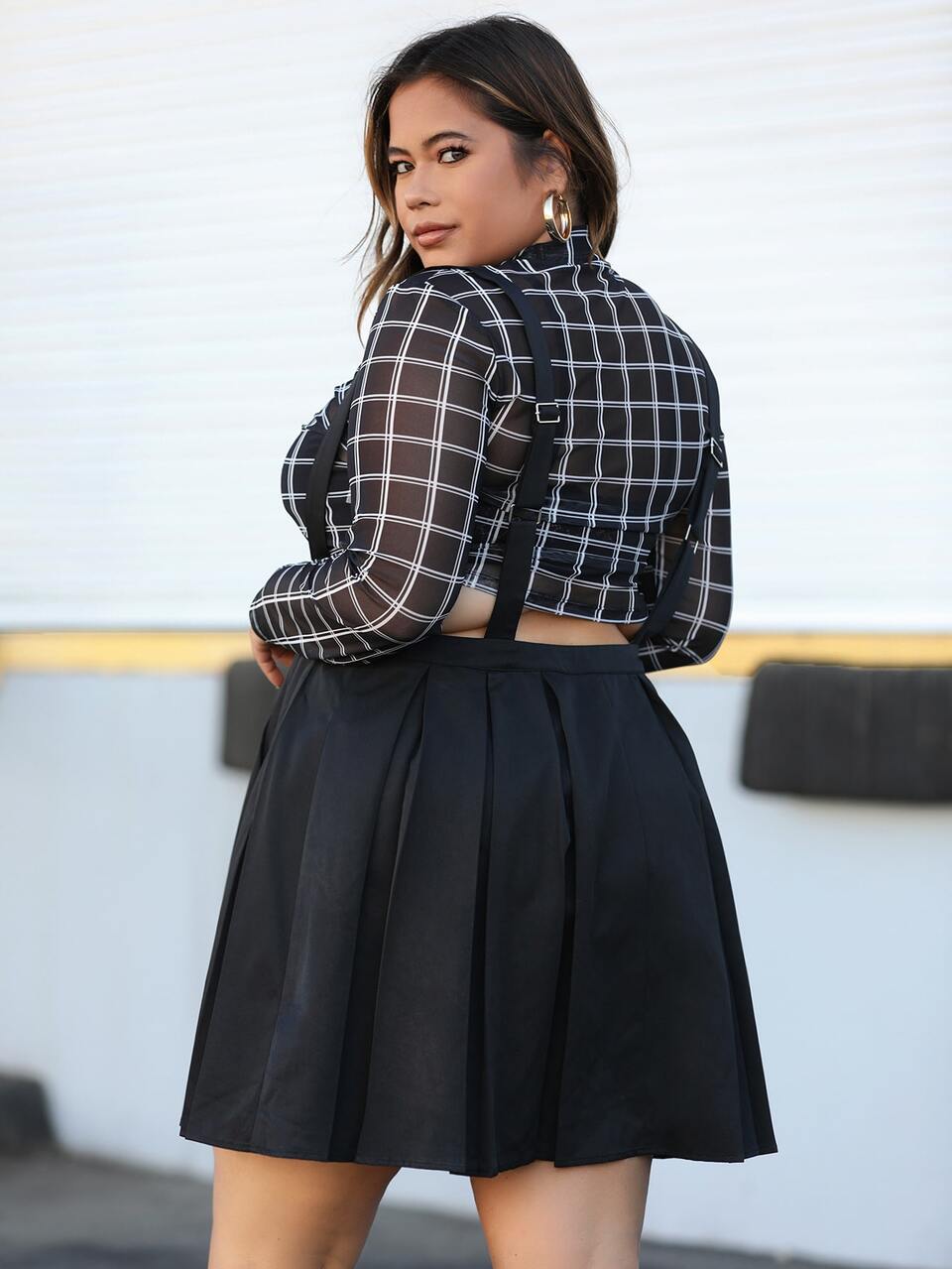 Plus Zip Up Pleated Skirt With Straps