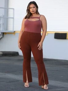 SHEIN 大碼下擺開叉喇叭褲 - 鏽棕色 - 查看 5