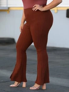 SHEIN 大碼下擺開叉喇叭褲 - 鏽棕色 - 查看 6