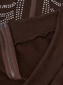 SHEIN Unity Áo hoodie ấm áp Pha lê Mô hình bộ xương Dây rút - Cà phê nâu - Xem 4