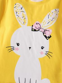 Young Girl Bunny Printed Long Sleeve T-Shirt And Pants 2pcs Homewear Set - Multicolor - View 3