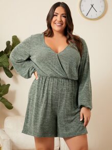 SHEIN 大碼雜色針織圍裹細節連身短褲 - 軍綠色 - 查看 1