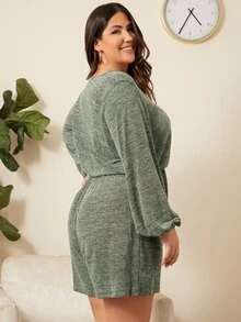 SHEIN 大碼雜色針織圍裹細節連身短褲 - 軍綠色 - 查看 5