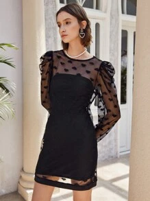 SHEIN Sheer Heart Mesh Yoke Puff Sleeve Dress - Black - View 6